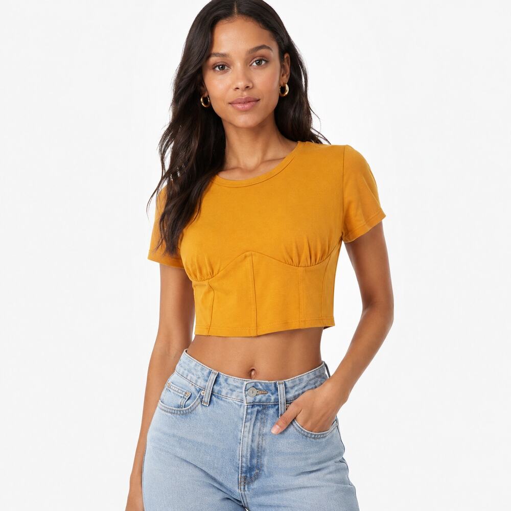 See You Monday Women’s Small Mustard Yellow Ribbed Corset Crop Top Ruched NWOT